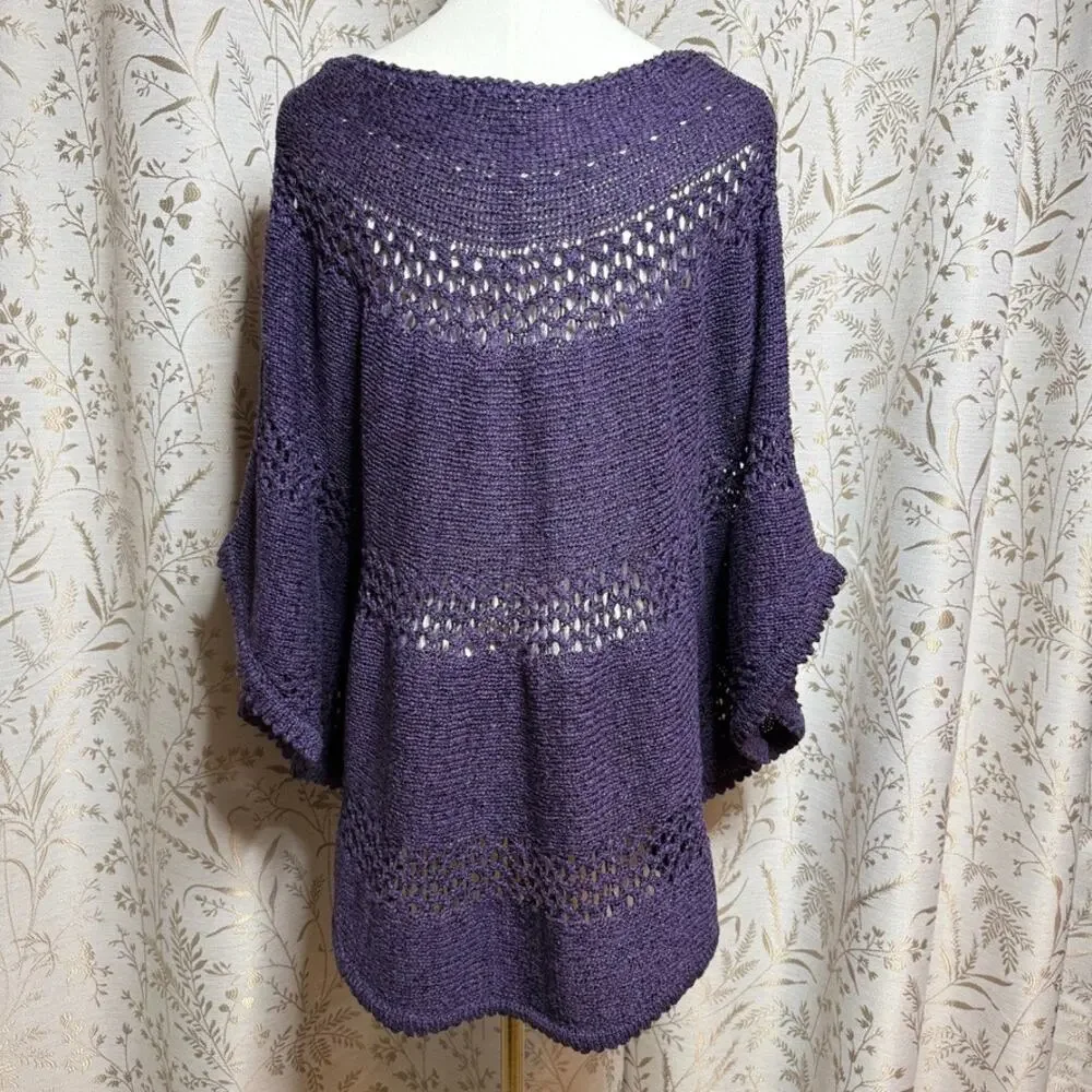 Chico's Open Knit Batwing Poncho Sweater Women L/XL Purple Whimsigoth Festival